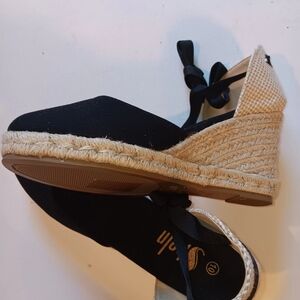 Black and Tan Espadrille Wedge Sandals